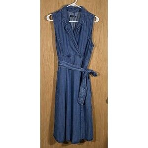 Tommy Hilfiger Denim Shift Dress Belted Midi Sleeveless Pockets Women's Sz 12